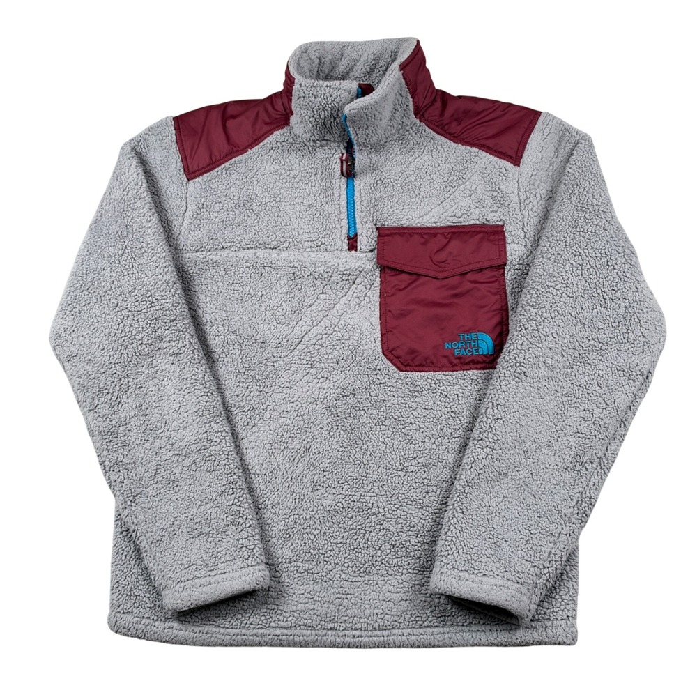 The North Face Fleece Pullover Mens S Grey Burgundy Sherpa Quarter Zip 01695